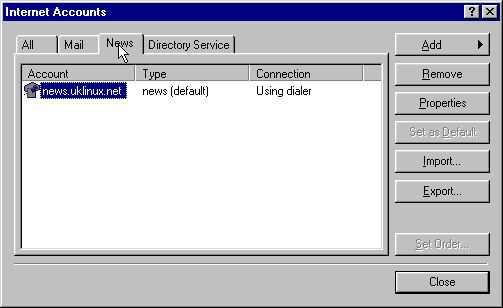 The Outlook Express Internet Accounts window.