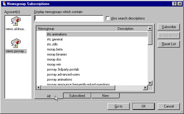 The Newsgroup Subscriptions window.