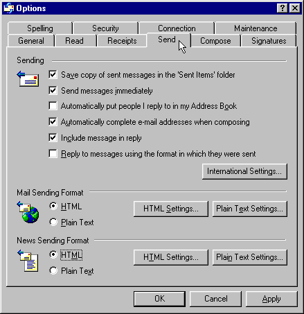 Selecting the Send tab in the Options window.