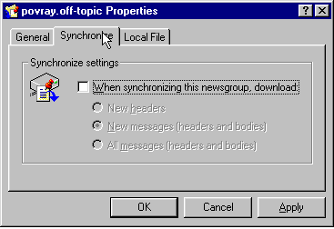 Newsgroup synchronize properties.