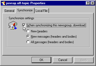 Newsgroup synchronize properties.