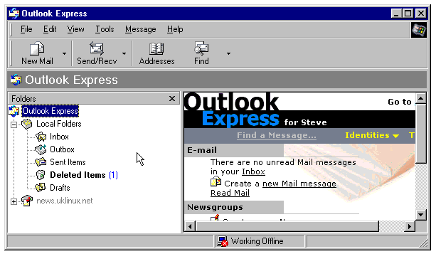 The Outlook Express Default start up view.