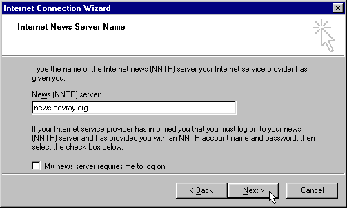 The Internet News Server Name window.
